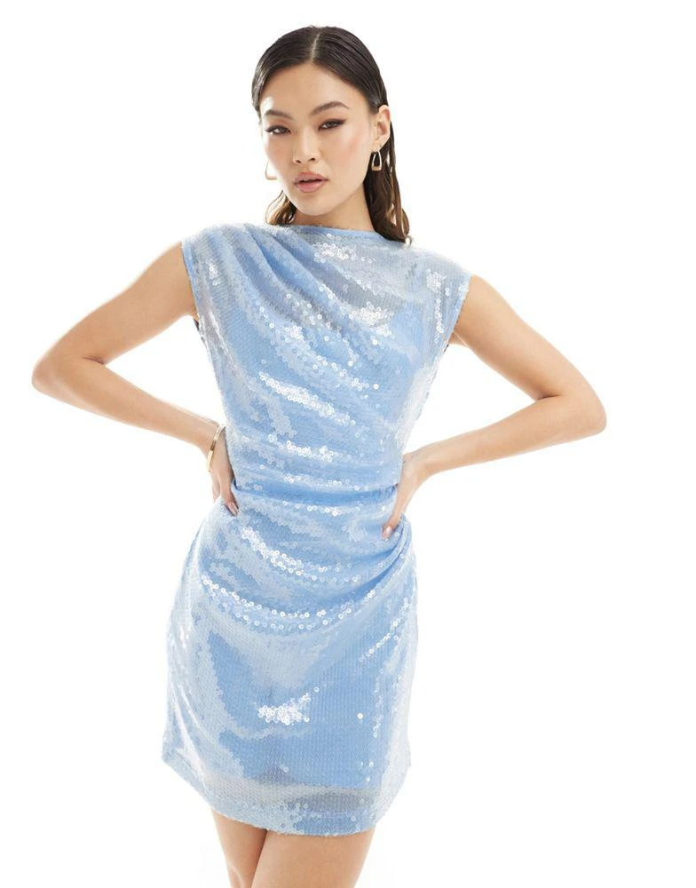 Rare Rare London sequin high neck drape detail mini dress in baby blue 1