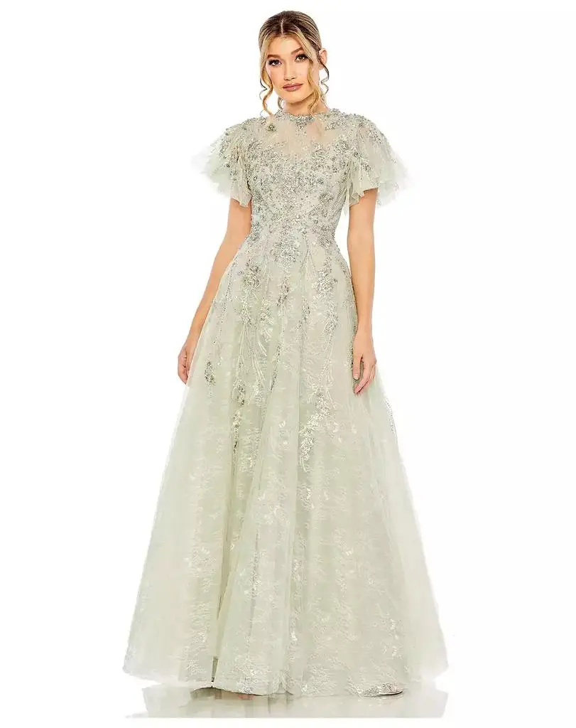 Mac Duggal Women's Illusion Neck Beaded Lace Flutter Sleeve Ball Gown