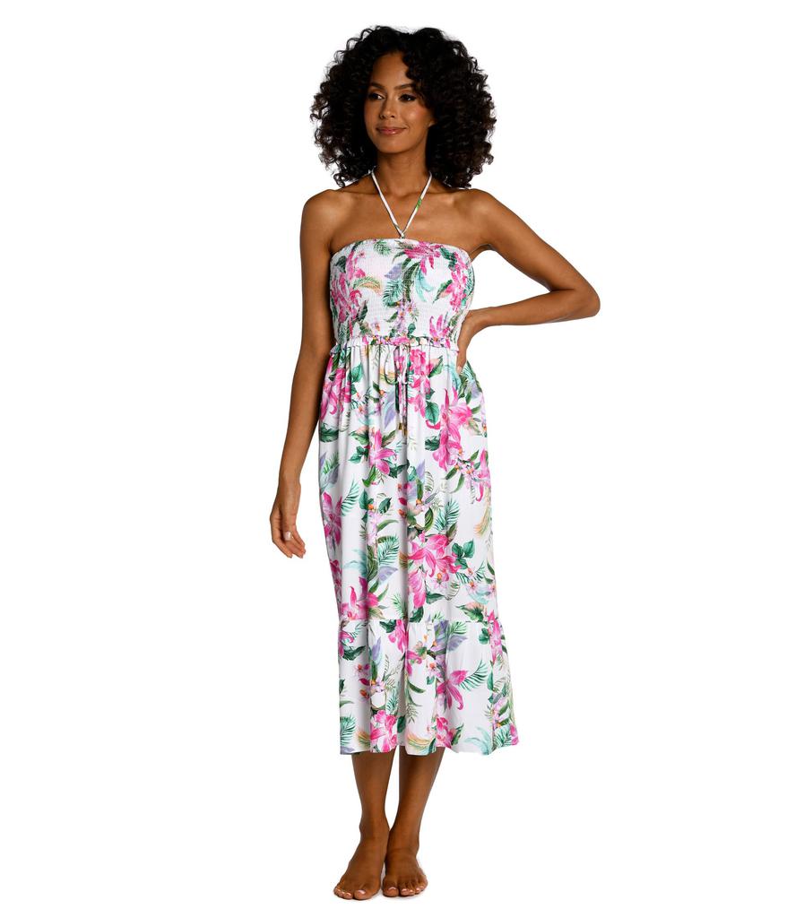 La Blanca Mystic Palms Smocked Bandeau Midi Dress