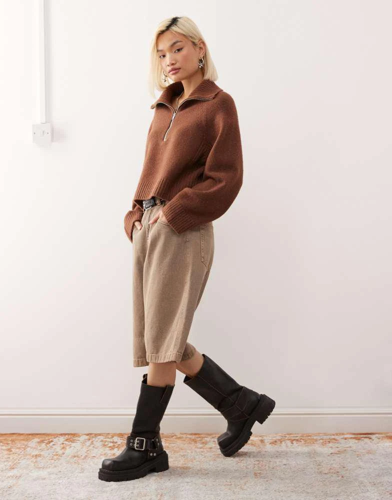 Monki Monki half zip jumper in chocolate brown 2