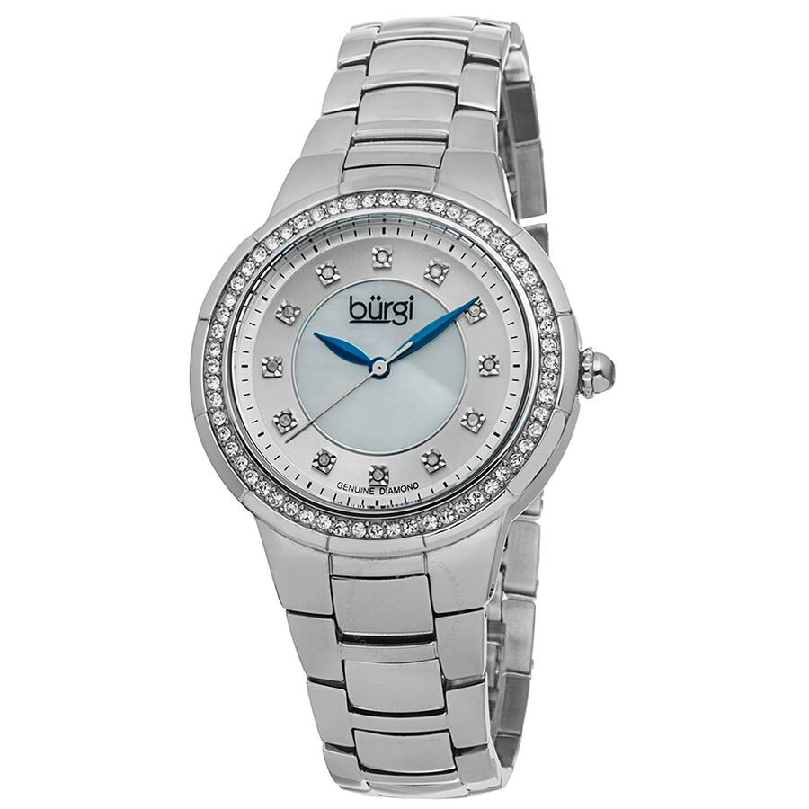 Burgi Silver-tone Steel Mother of Pearl Diamond Dial Ladies Watch BUR093SS
