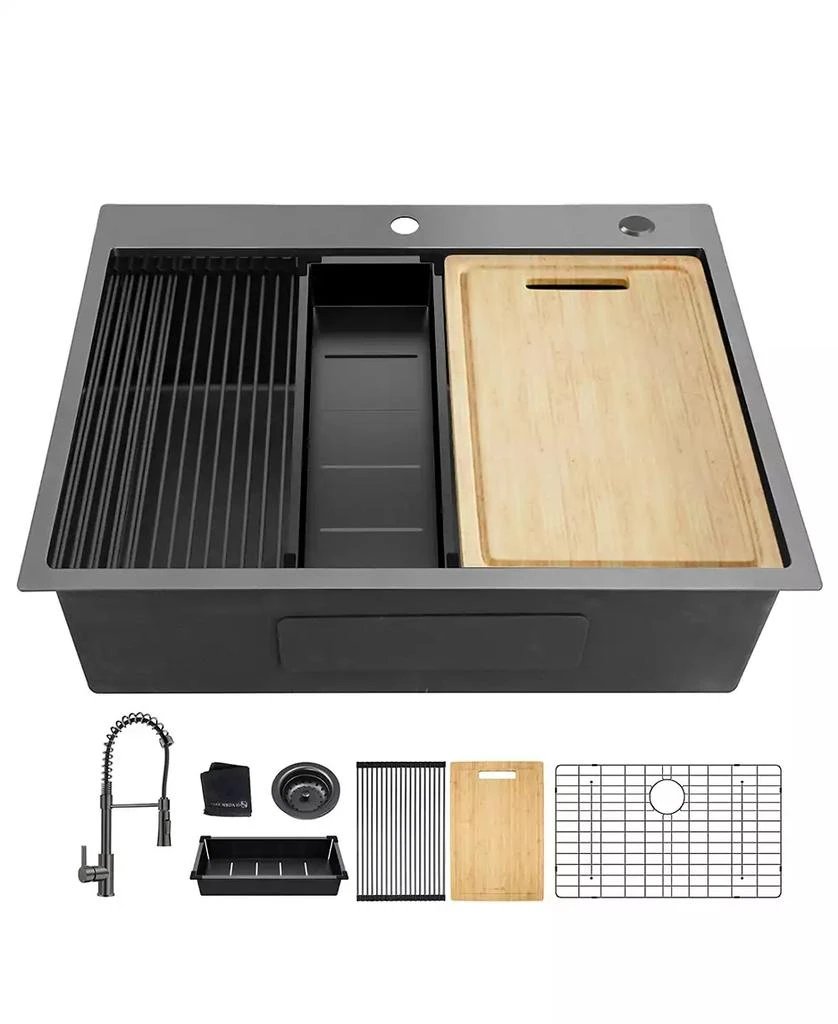 Flynama 27x22x10inch Gunmetal Kitchen Sink Topmount Stainless Steel Worksation Single Bowl