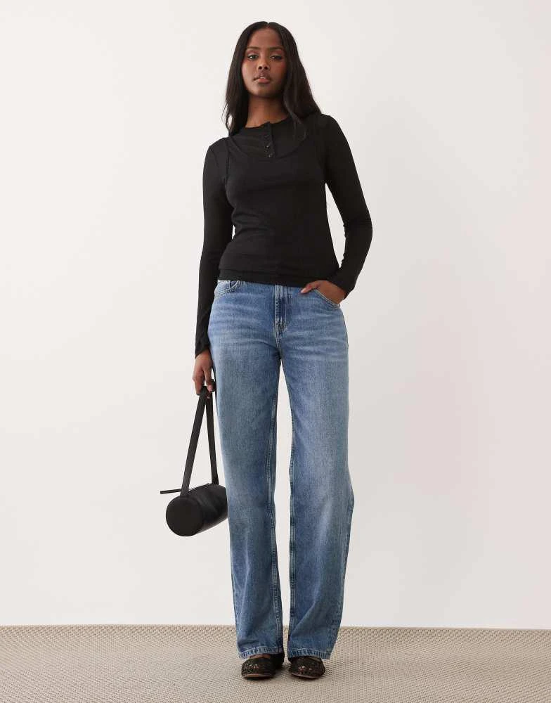 ASOS ASOS DESIGN sheer ribbed long sleeve double layer top in black 2