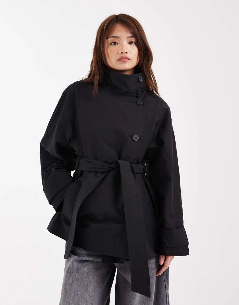ASOS ASOS DESIGN Petite funnel neck tie belt trench coat in black