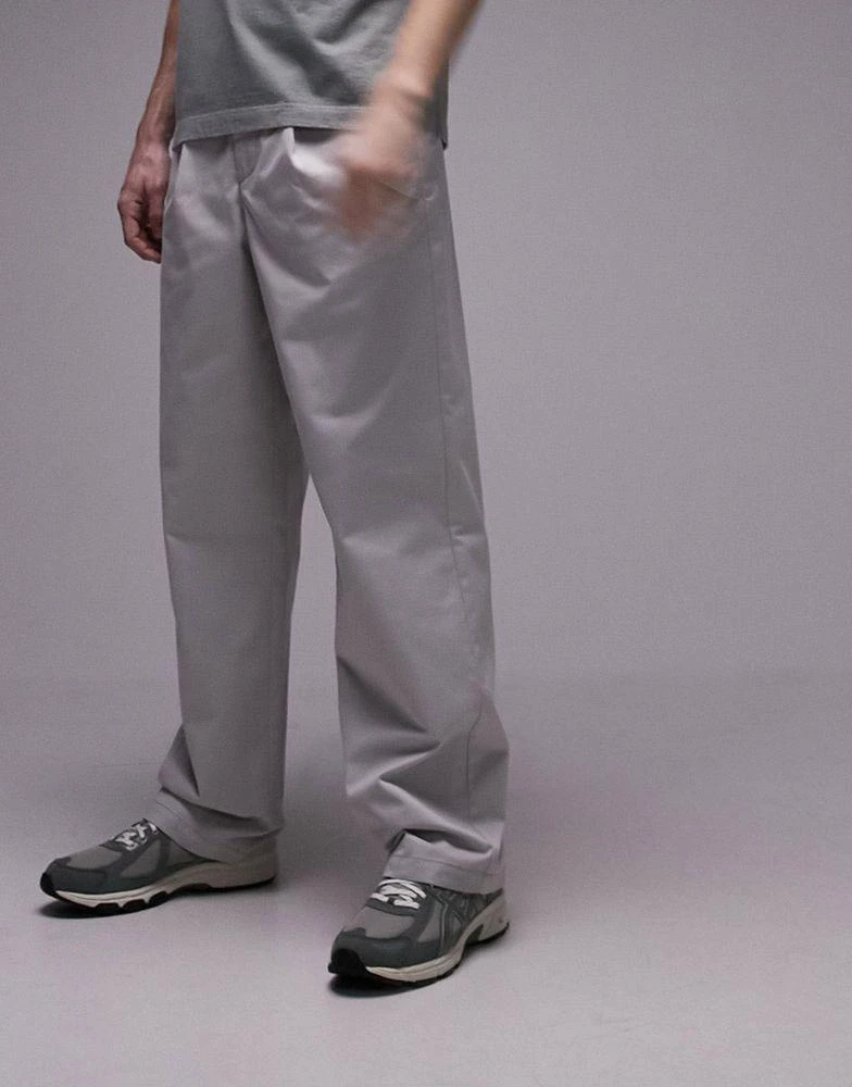Topman Topman wide leg workwear chino trousers with pleats in grey 1