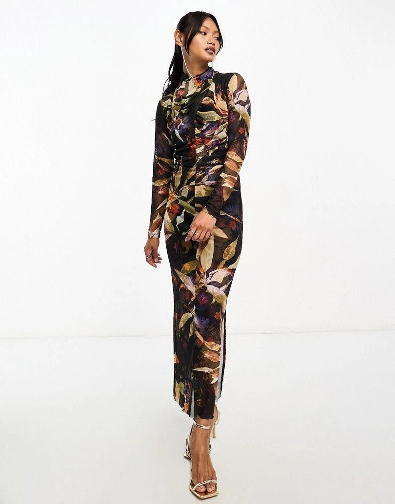 Shop AllSaints Tia Tippi long sleeve mock neck midi dress in rust