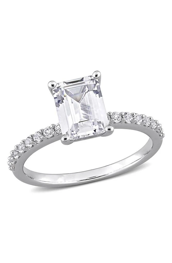 DELMAR 10K White Gold Plated Sterling Silver Emerald Cut Created White Sapphire Ring