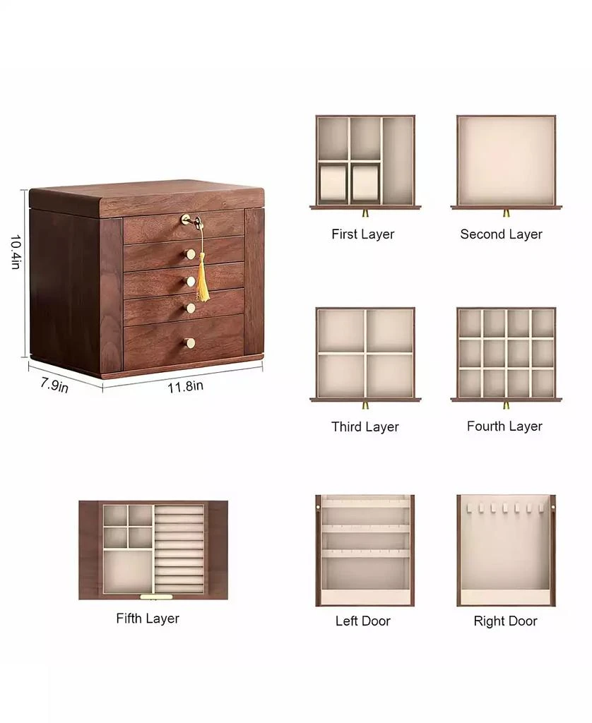 YIGII Luxury Walnut Jewelry Organizer with Mirror and Lock 5