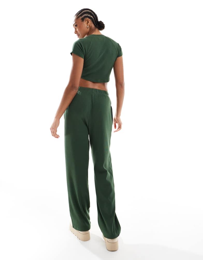 Brave Soul Brave Soul ribbed cropped t-shirt and wide leg trouser lounge set in khaki