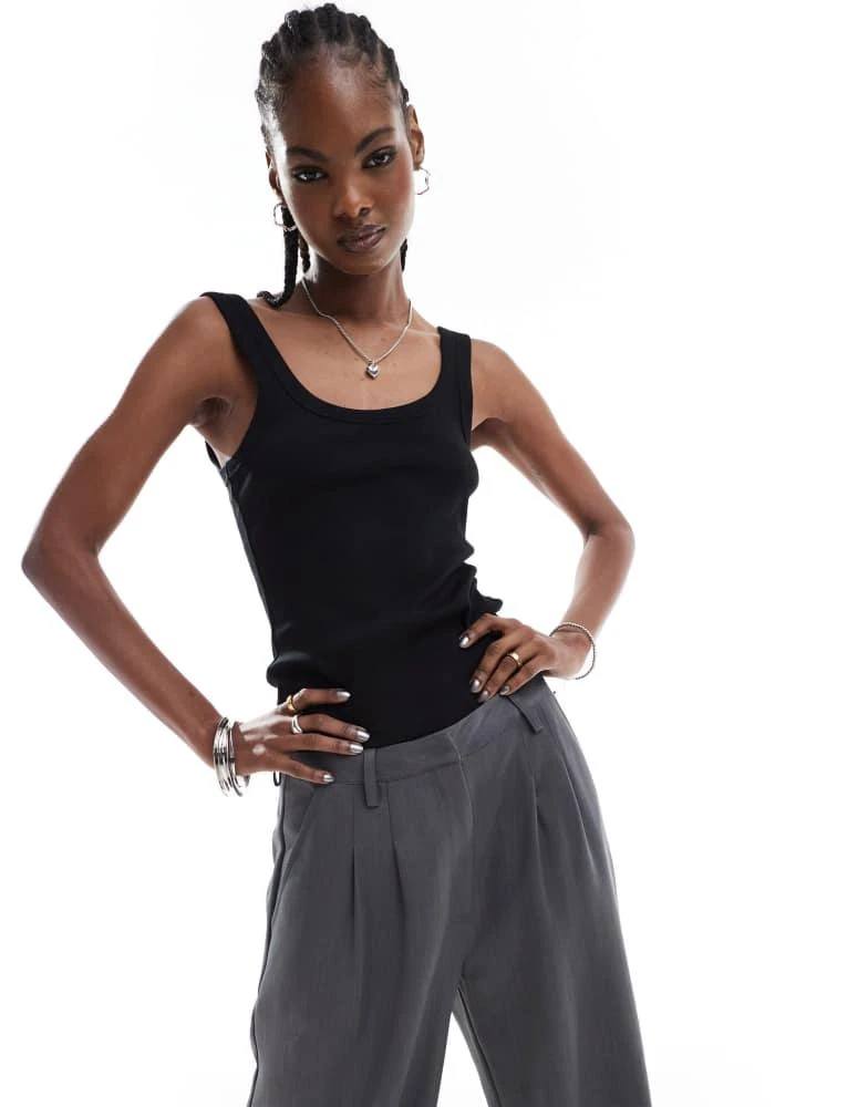 Monki Monki ribbed fitted vest top with scoop neck in black 1