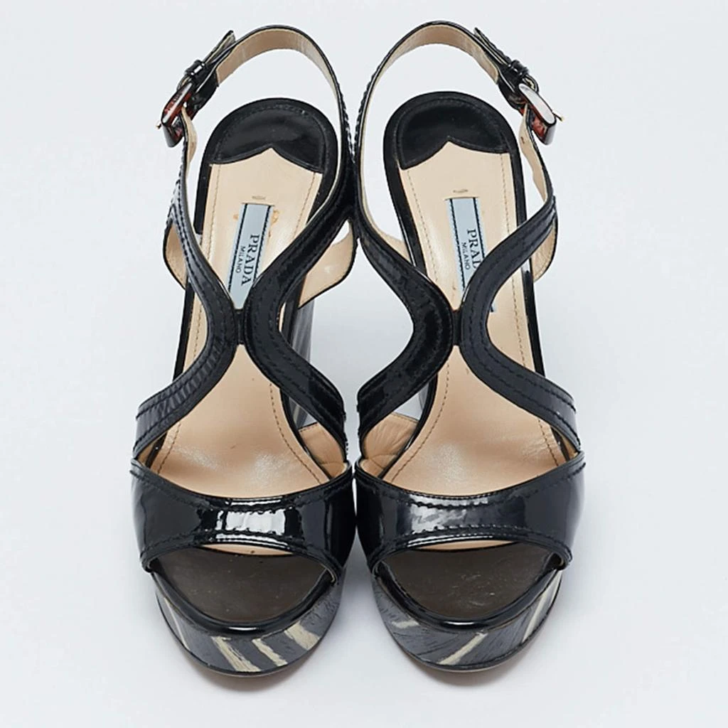 Prada Prada Black Patent Leather Wooden Wedge Ankle Strap Sandals Size 37 3