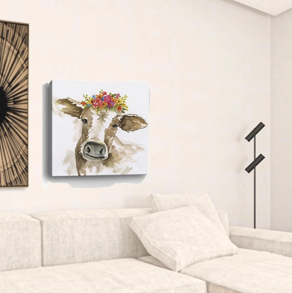 Hivvago Watercolor Floral Cow Unframed Print Wall Art