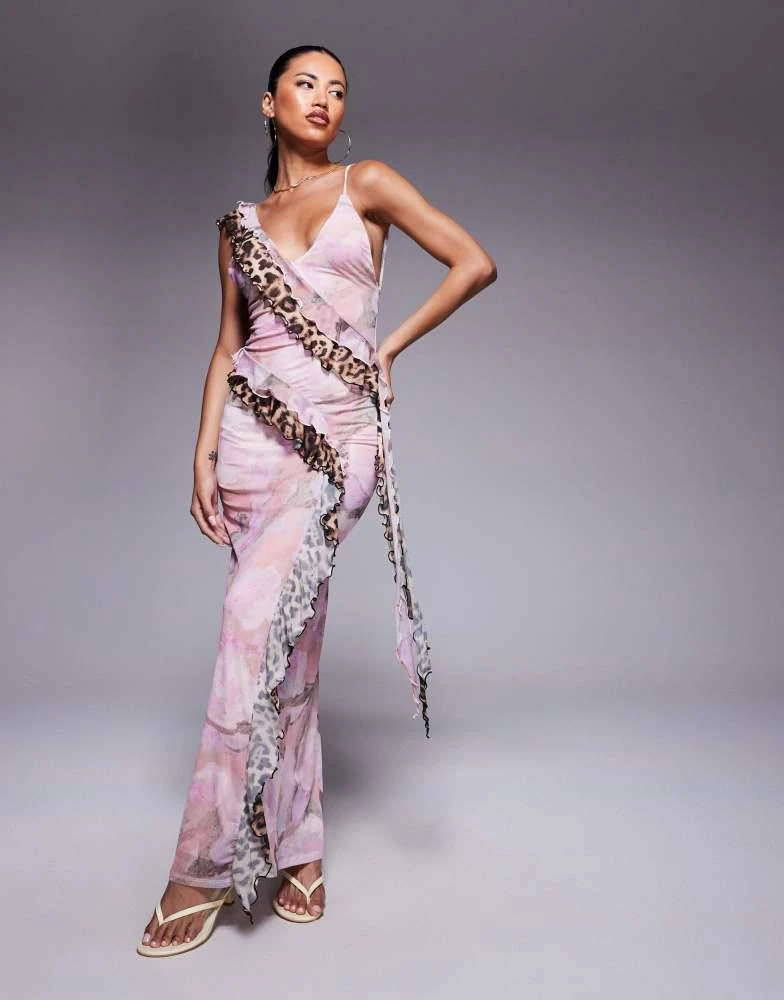 ASOS ASOS DESIGN mesh cami ruffle maxi dress in floral and animal print