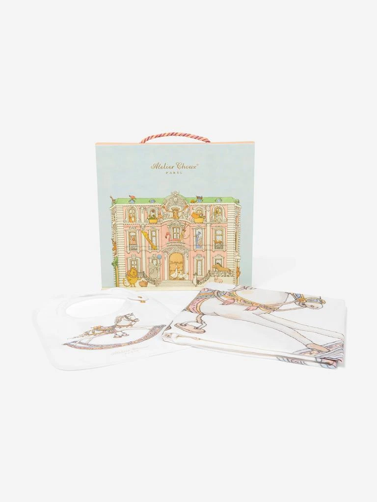 Atelier Choux Atelier Choux Baby Rocking Horse Swaddle And Satin Bib Gift Set in White 5