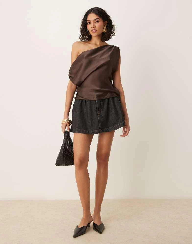 ASOS ASOS DESIGN chiffon draped off shoulder top in chocolate 2