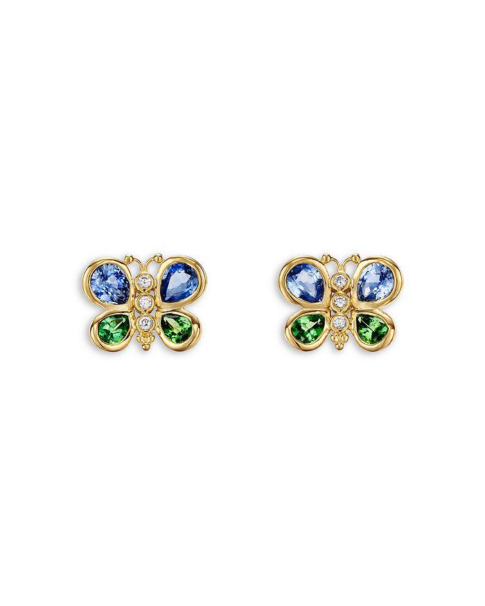 Temple St. Clair 18K Yellow Gold CL Color Blue Sapphire, Tsavorite 
Diamond Butterfly Stud Earrings