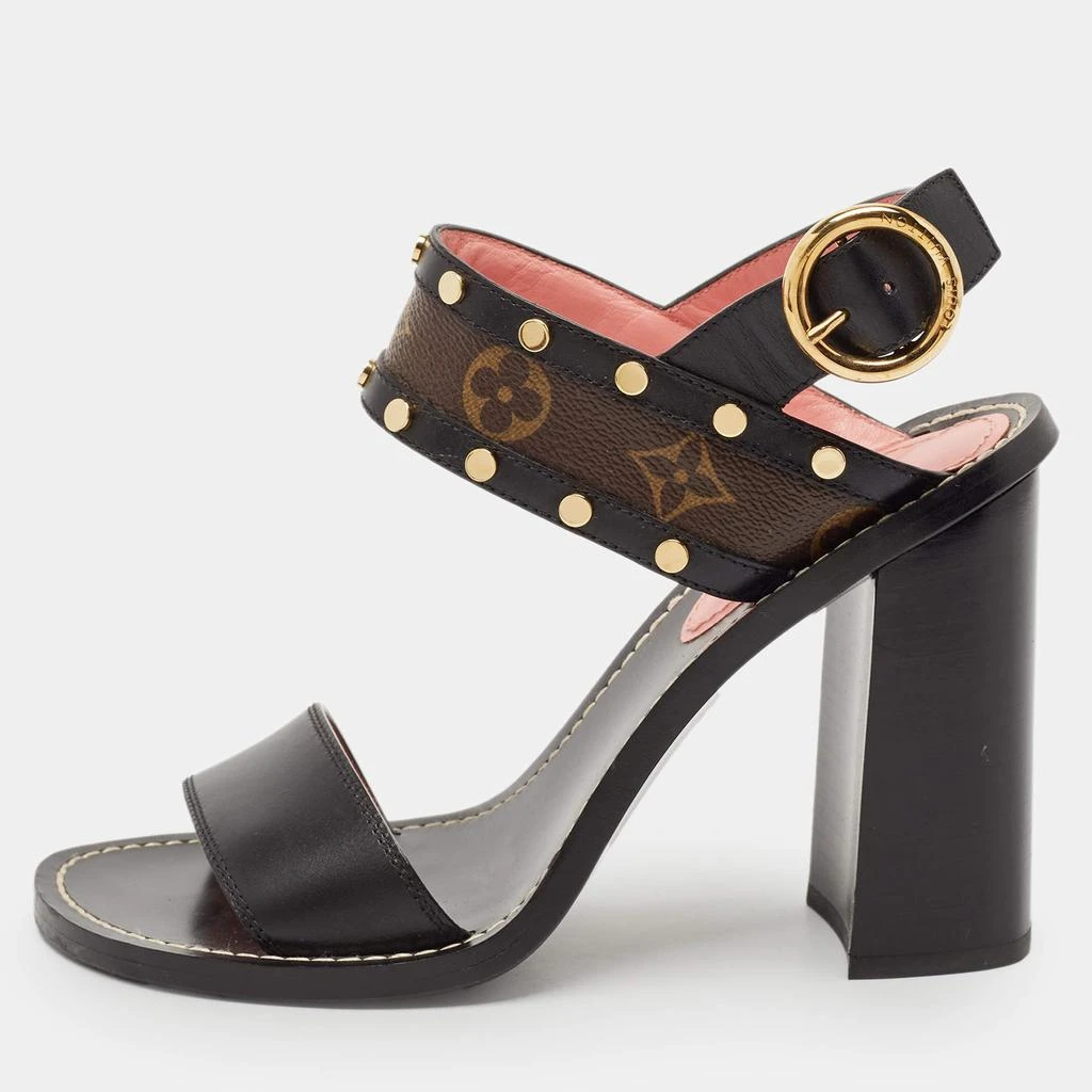 Louis Vuitton Louis Vuitton Black Leather and Monogram Canvas Studded Ankle Strap Sandals Size 39 1