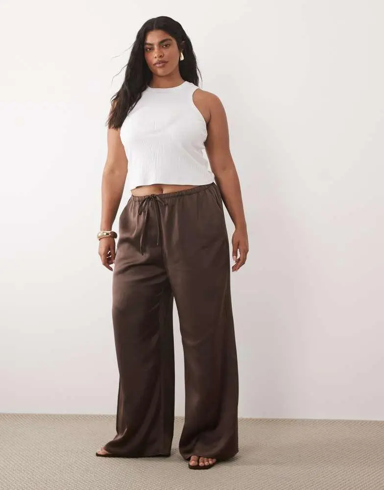 Pretty Lavish Curve Pretty Lavish Curve Breya satin drawstring trousers co-ord in chocolate
