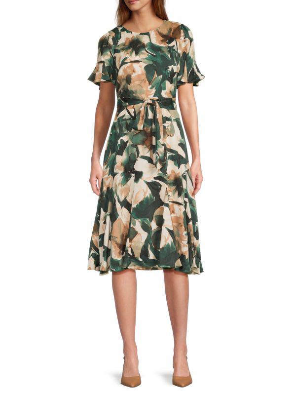 DKNY Floral Belted Midi-Dress