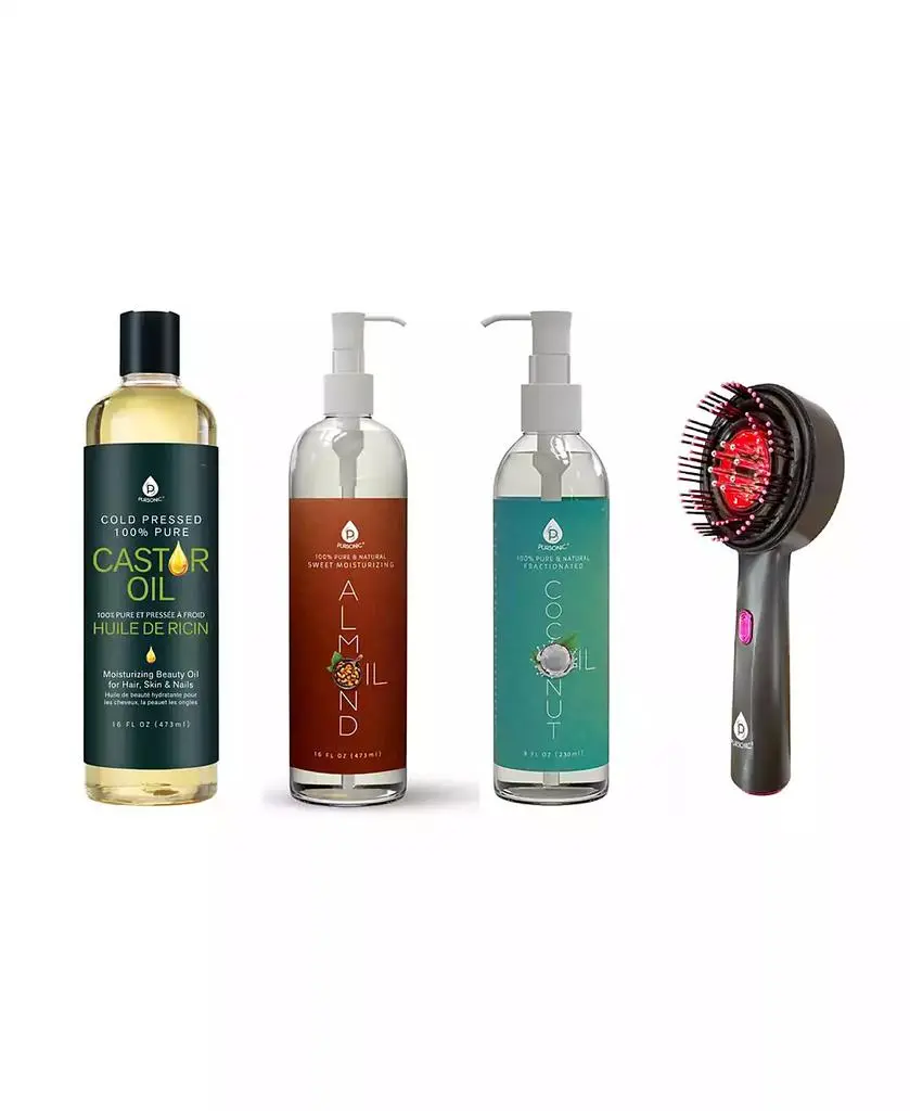 PURSONIC The Ultimate Hair & Skin Restoration Bundle: LED Therapy Brush, Castor Oil, Sweet Almond Oil, & Fractionated Coconut Oil
