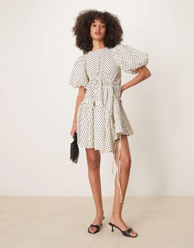 Ghospell Ghospell ruched asymmetric polka dot mini dress in pearl ivory 1