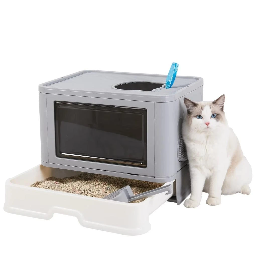 AROPETS Foldable Enclosed Cat Litter Box with Front Entry and Top Exit, Featuring Massaging Litter Scoop