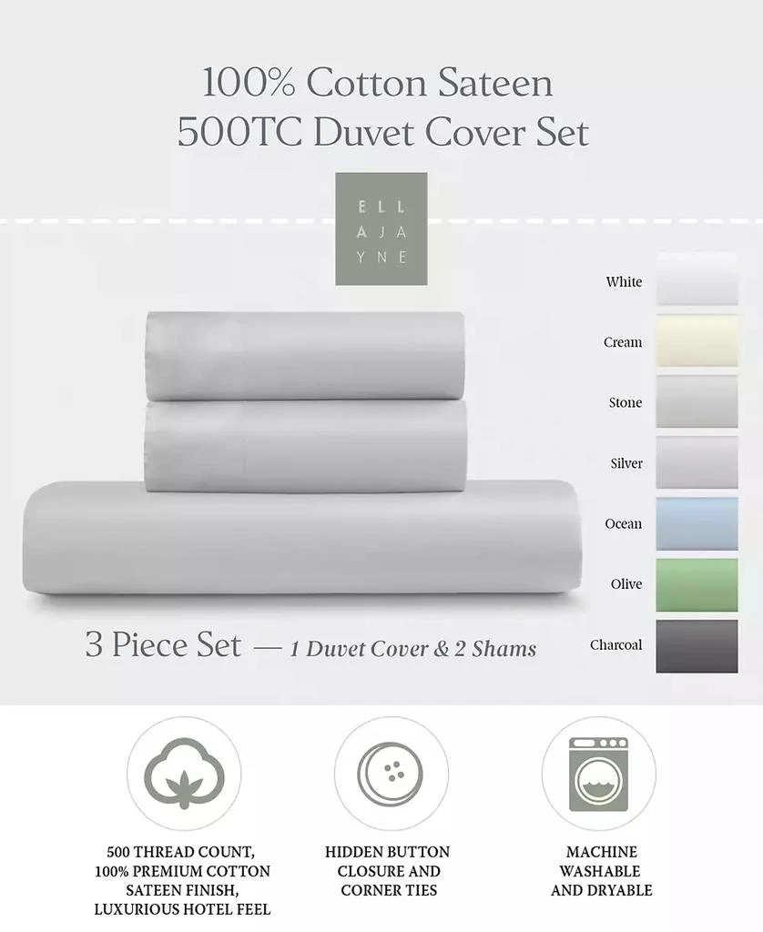 Ella Jayne 100% Luxe Cotton Sateen 500 Thread Count 3-Piece Duvet Cover Set 3