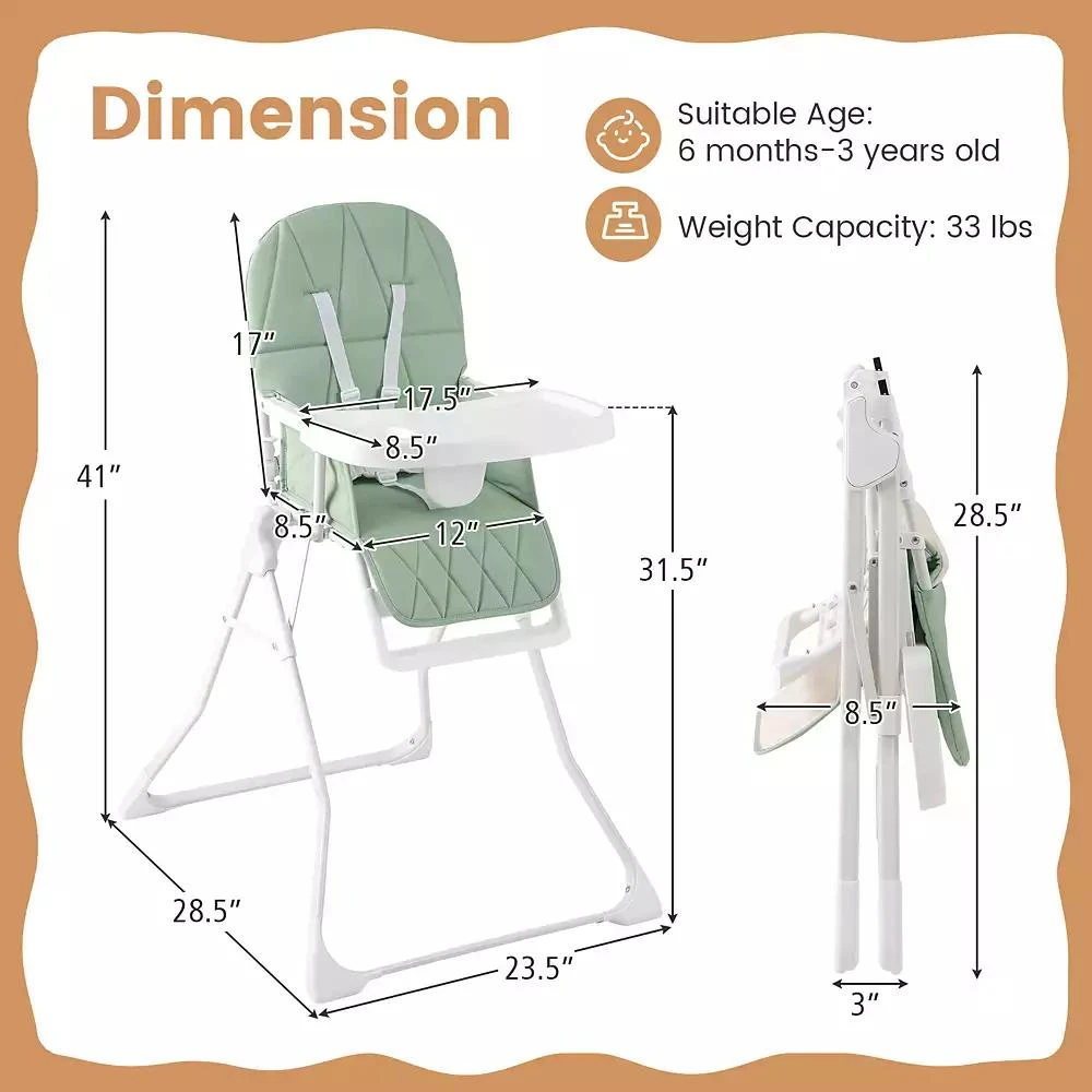Slickblue Toddler Easy Clean Compact Highchair with Removable Adjustable Tray and PU Seat Cushion 2