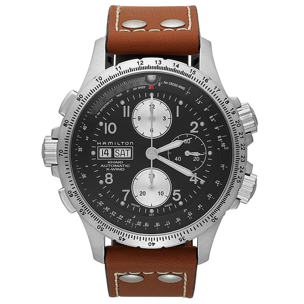 Hamilton Watch, Men's Swiss Automatic Chronograph Khaki X-Wind Brown Leather Strap 44mm H77616533