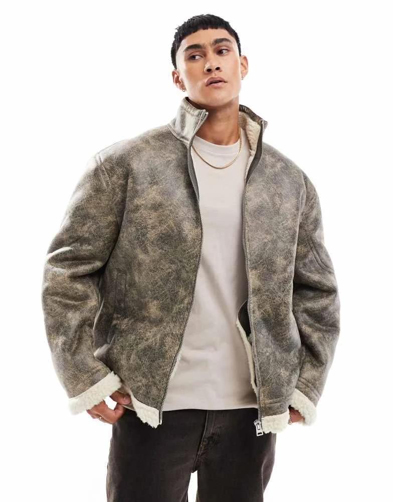 ASOS ASOS DESIGN oversized faux leather aviator jacket in washed black 1