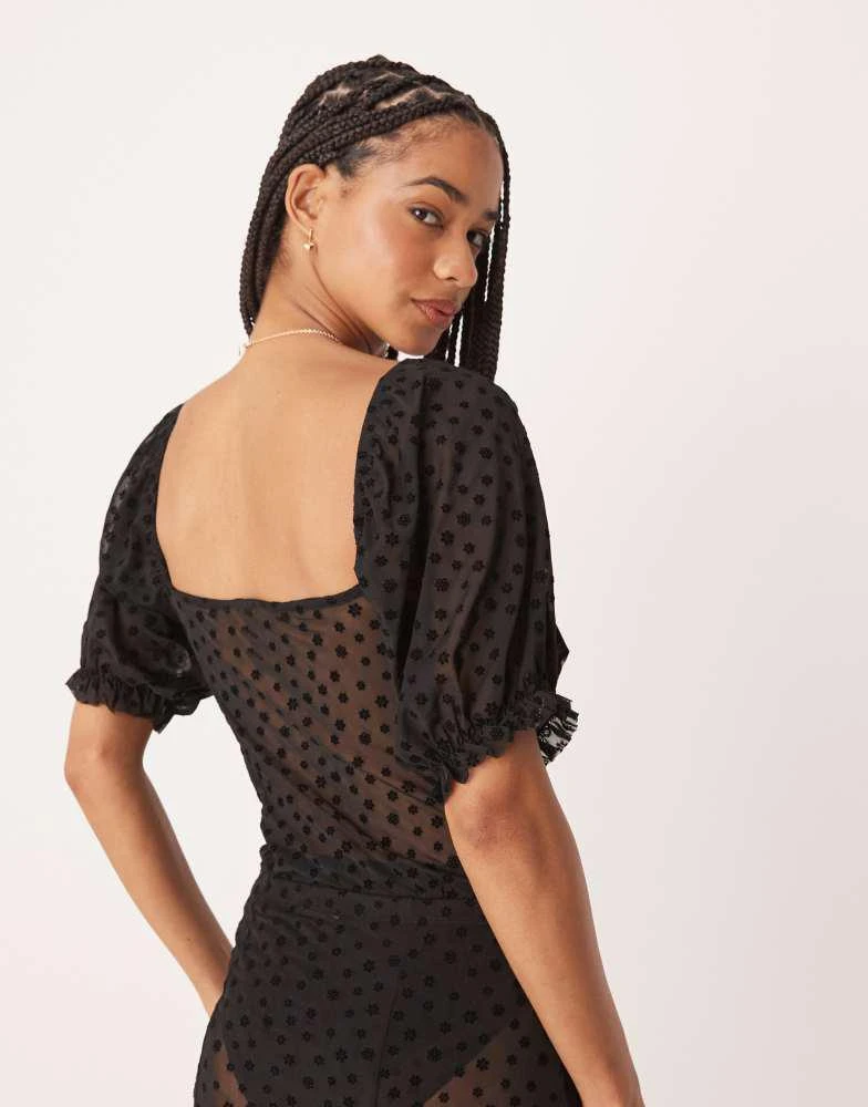 ASOS ASOS DESIGN floral flocked mesh short sleeve bodysuit with ruffle detail in black 2