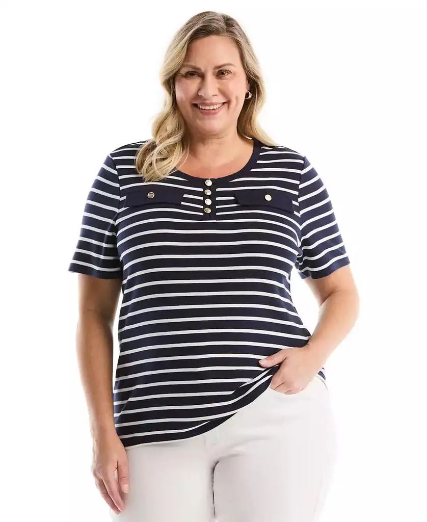 Rafaella Plus Size Plus SizeStriped Welt Pocket Button Detail Short-Sleeve Top