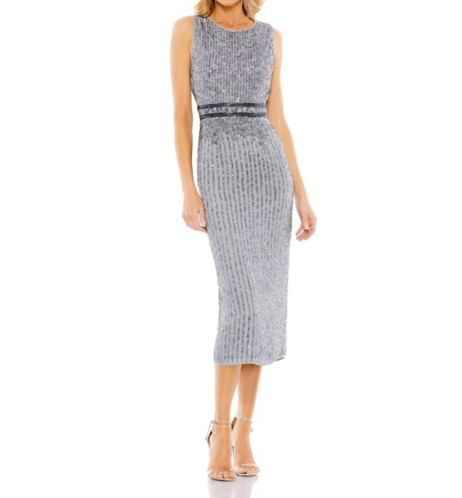 Mac Duggal Mac Duggal - Sleeveless High Neck Beaded Midi Sheath Dress