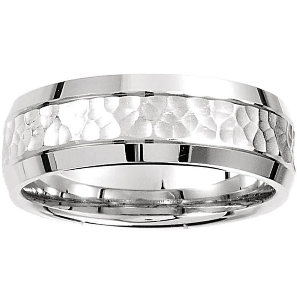 Pompeii3 Mens 14k White Gold Hammered Beveled Edge 7MM Wedding Band Ring