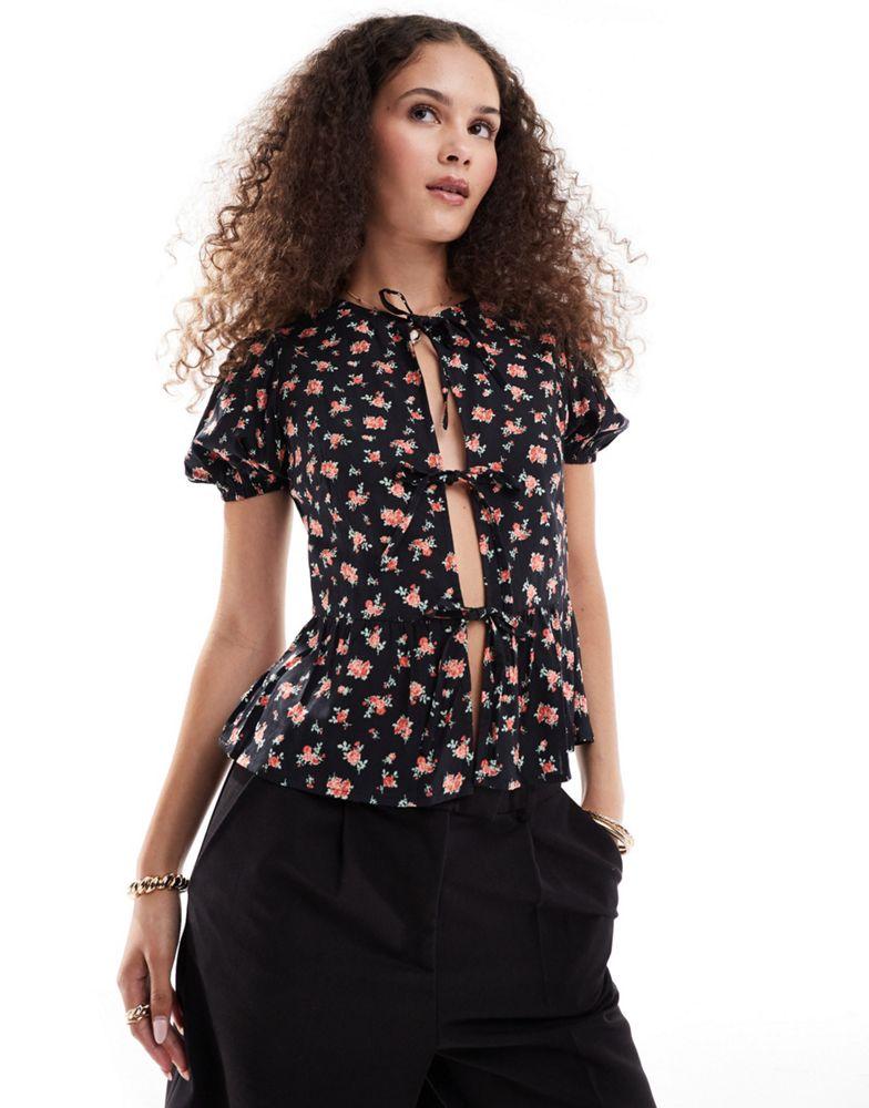 Motel Motel Exclusive ajasi rose print tie detail blouse in black