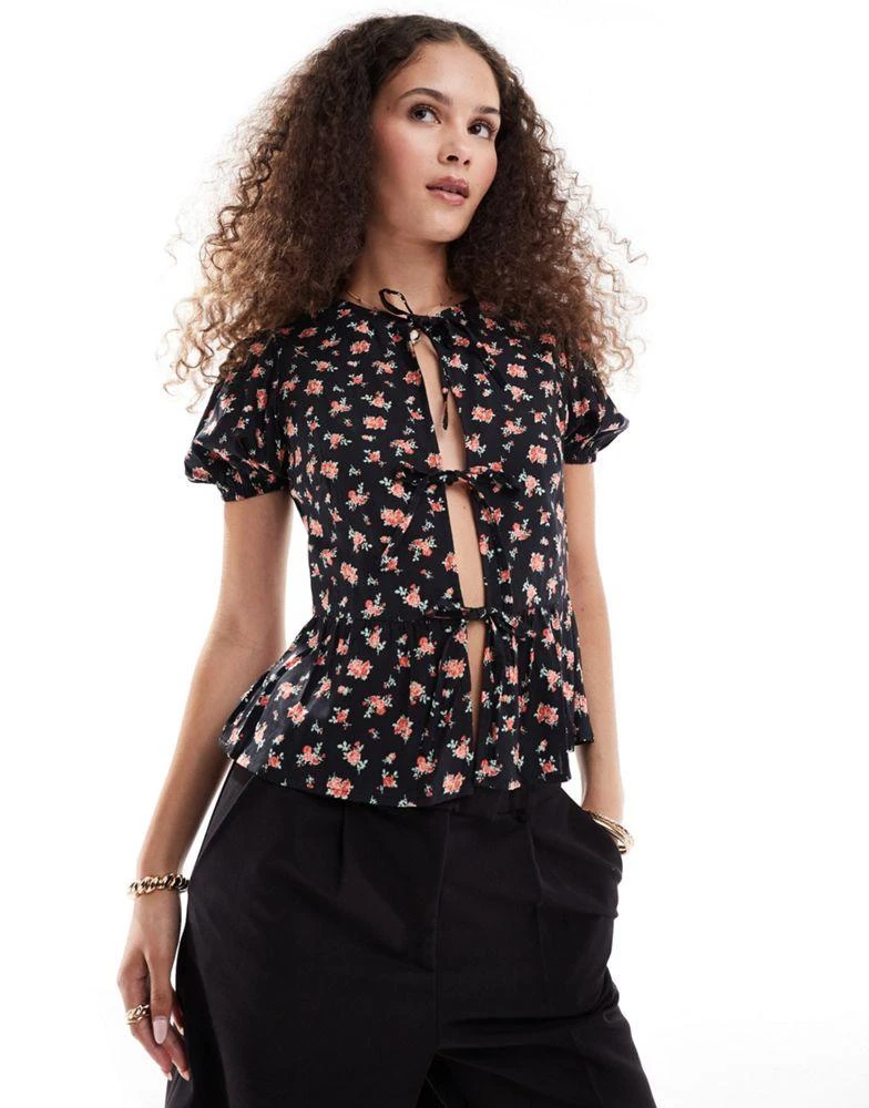 Motel Motel Exclusive ajasi rose print tie detail blouse in black 1