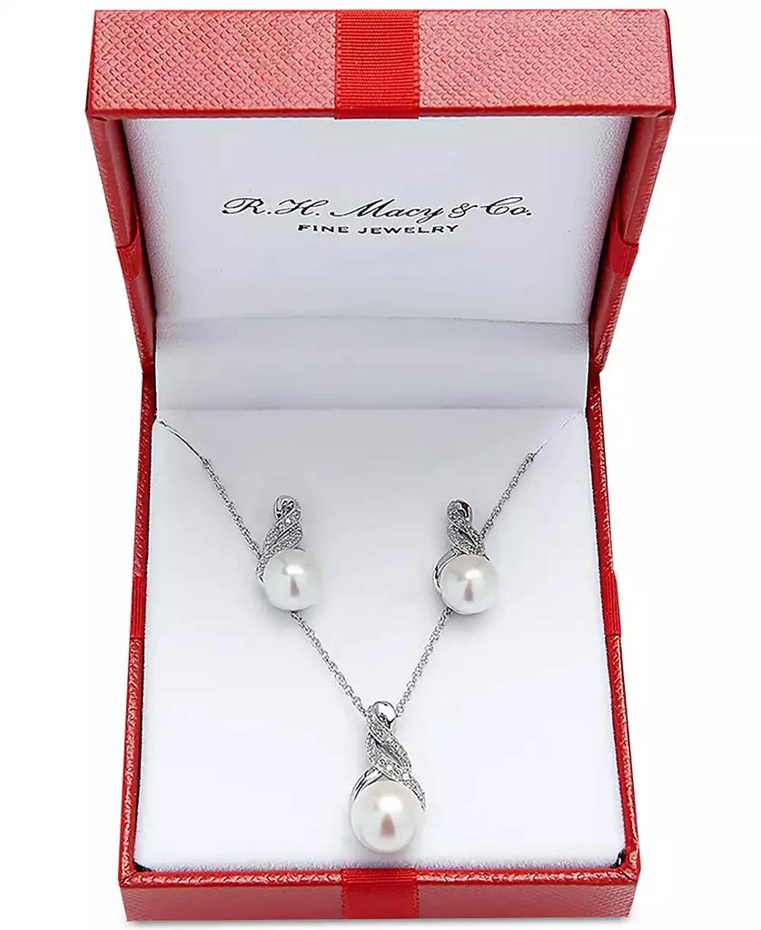 Macy's Cultured Freshwater Pearl (8 & 9mm) and Diamond Accent Pendant Necklace and Earrings Set in Sterling Silver or 14k Gold Over Silver 1