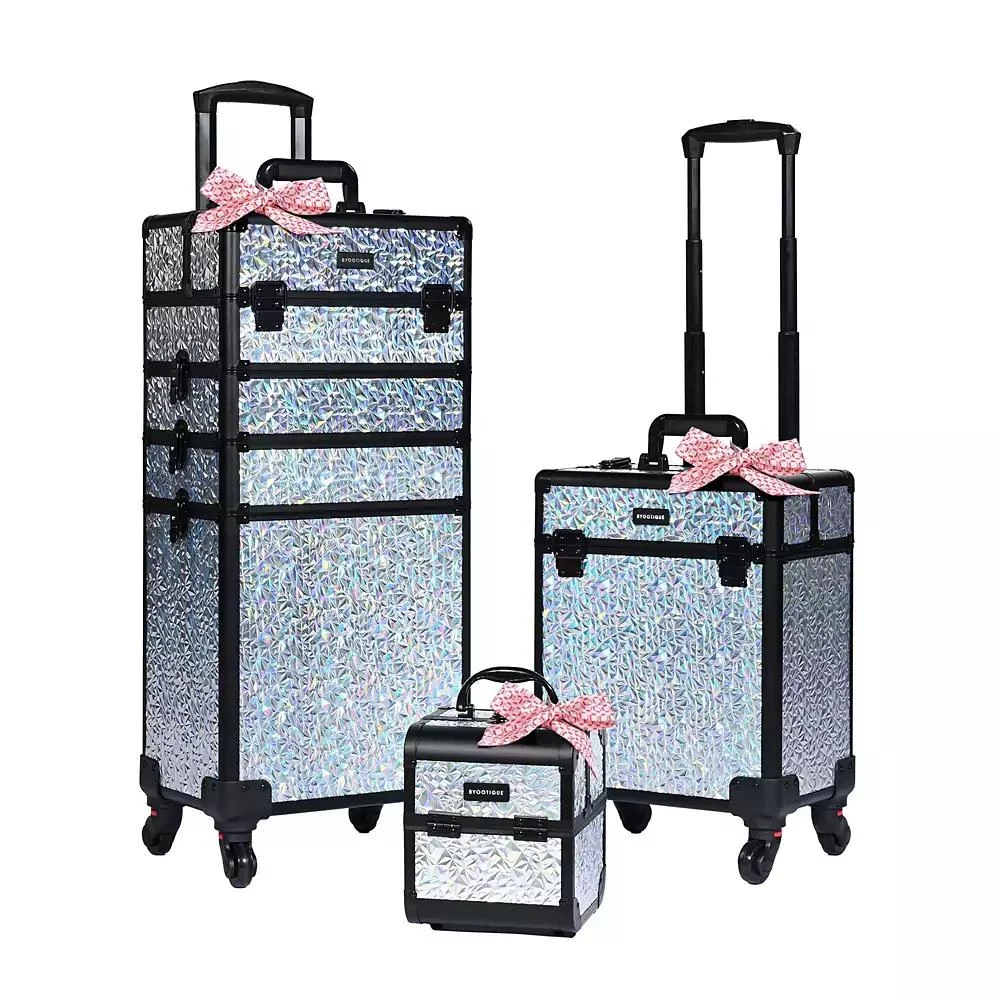 Byootique Rolling Makeup Train Case 3-Piece Cosmetic Organizer Kit Trolley Organizer Travel Case Lockable with Wheels, Mermaid Silver