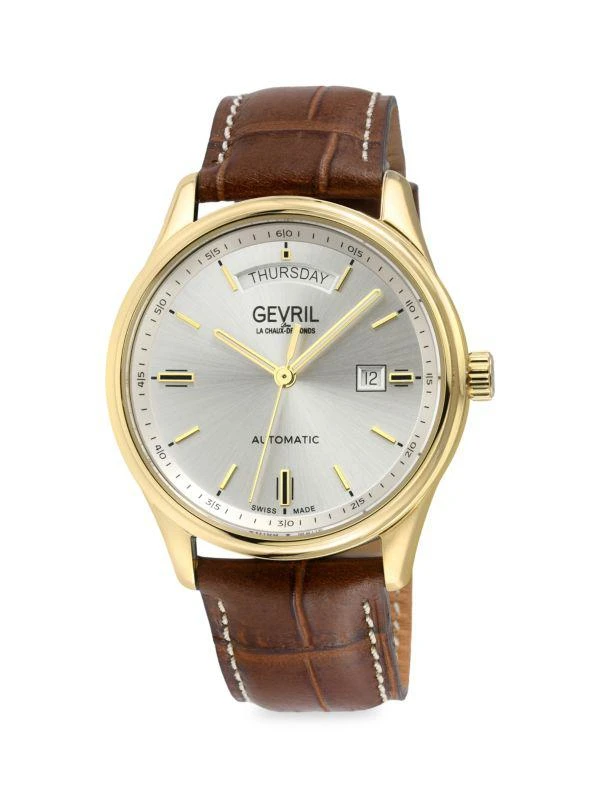 Gevril Excelsior 42MM Ion Plated Goldtone Stainless Steel 
Croc Embossed Automatic Leather Strap Watch 1