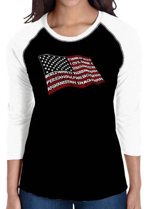 LA Pop Art Pop Art Womens Raglan Baseball Word Art Graphic T Shirt   American Wars Tribute Flag 1