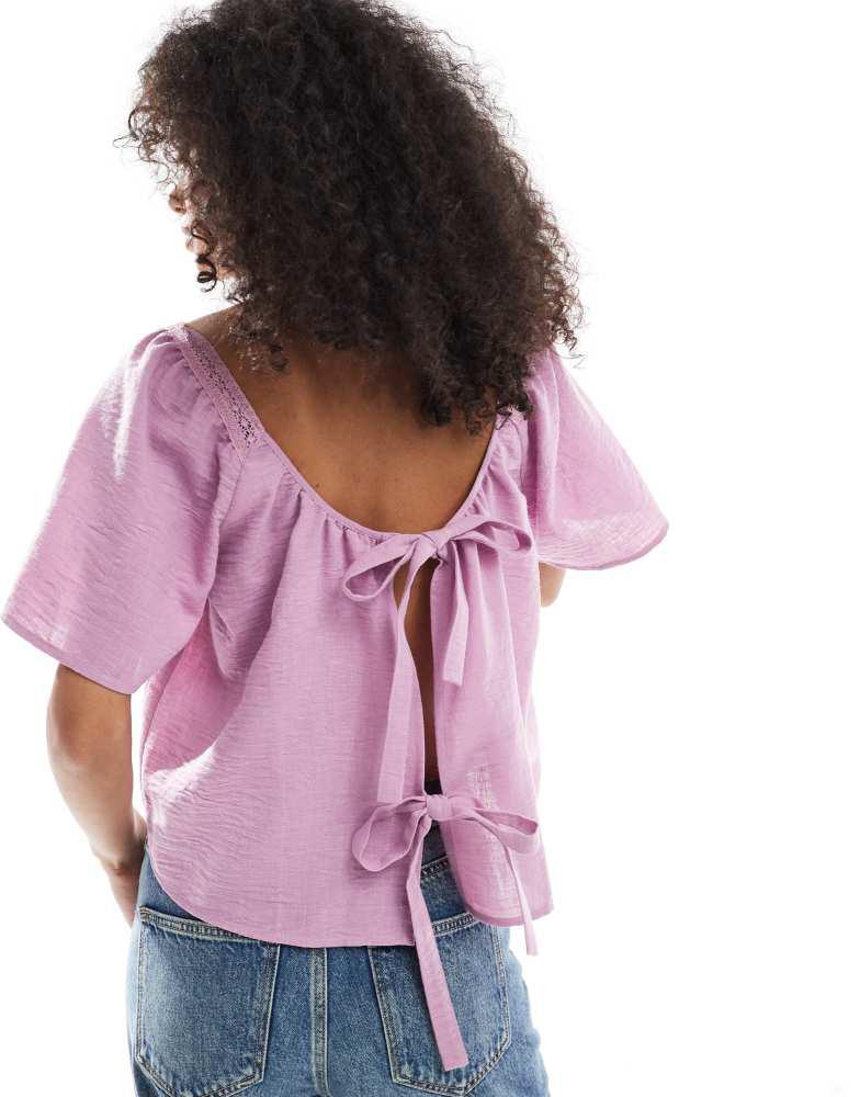 ASOS ASOS DESIGN lace insert square neck top with tie back in lilac
