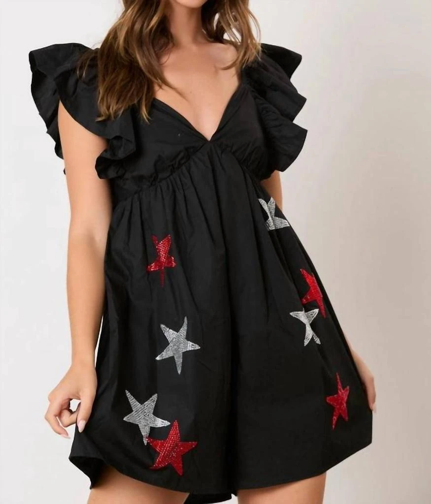 Peach Love Peach Love - Sequin Stars Rhinestone Ruffle Sleeve Romper 1