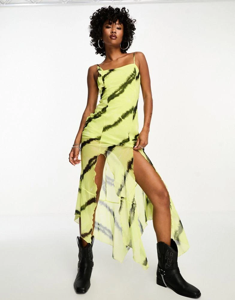 Bershka Bershka abstract ruffled maxi dress in lime 1