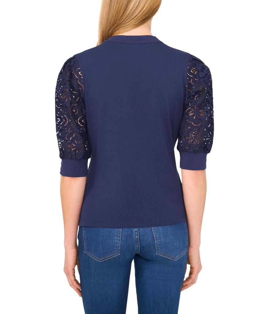 CeCe Elbow Puff Sleeve Henley Mixed Media Tee