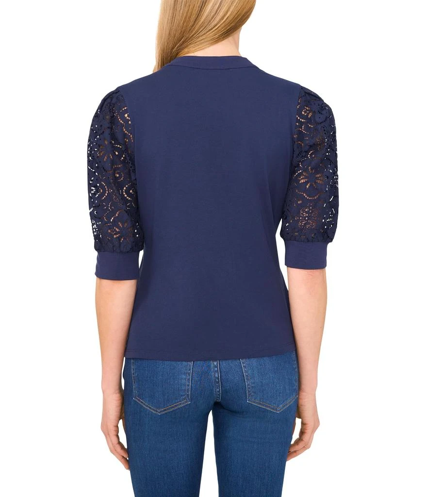 CeCe Elbow Puff Sleeve Henley Mixed Media Tee 2