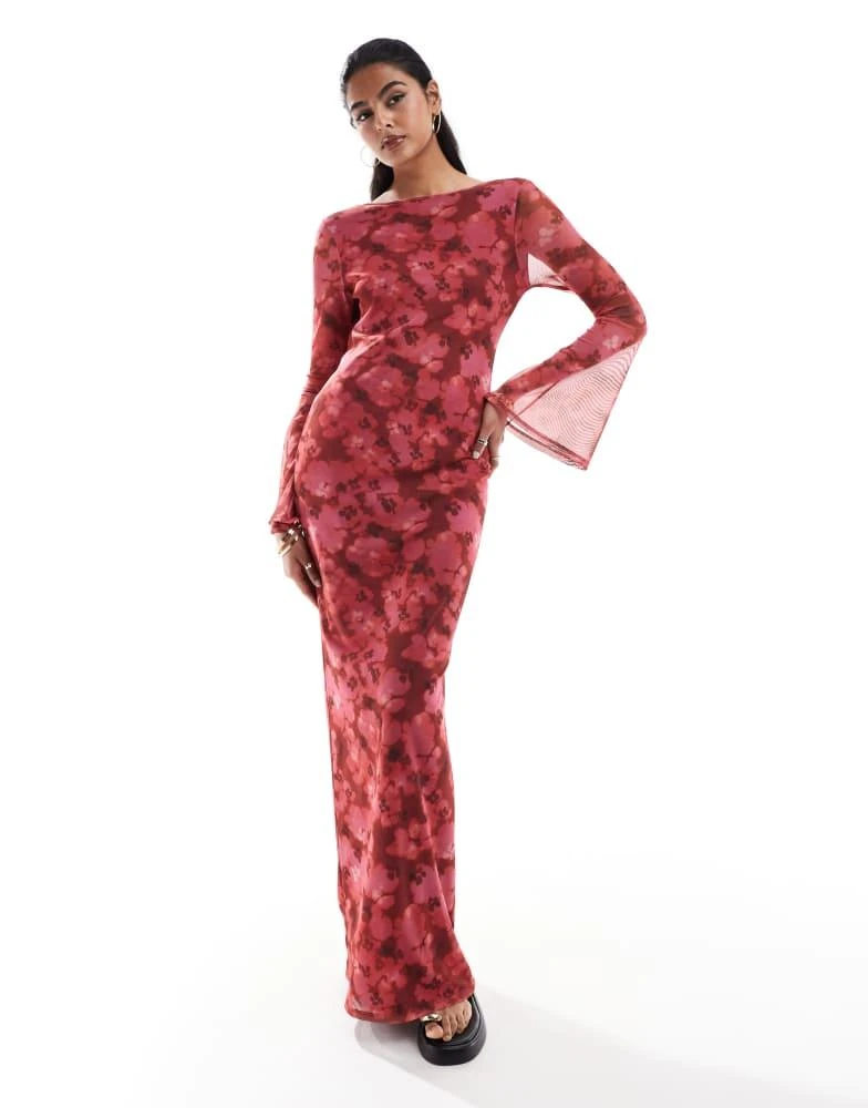 ASOS ASOS DESIGN low back floral mesh maxi dress with angel sleeves in red floral print 4