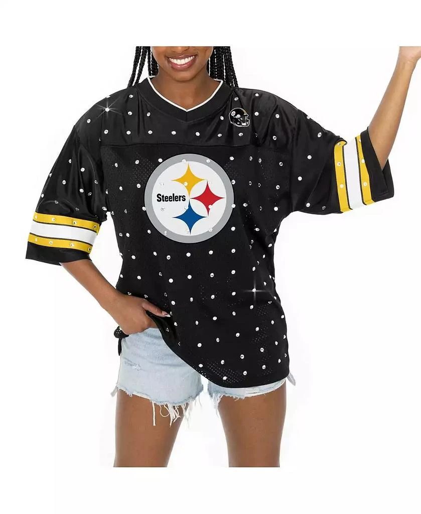 Gameday Couture Women's Black Pittsburgh Steelers Kickoff Time Allover Rhinestone Sports Stripe Jersey V-Neck T-Shirt 3