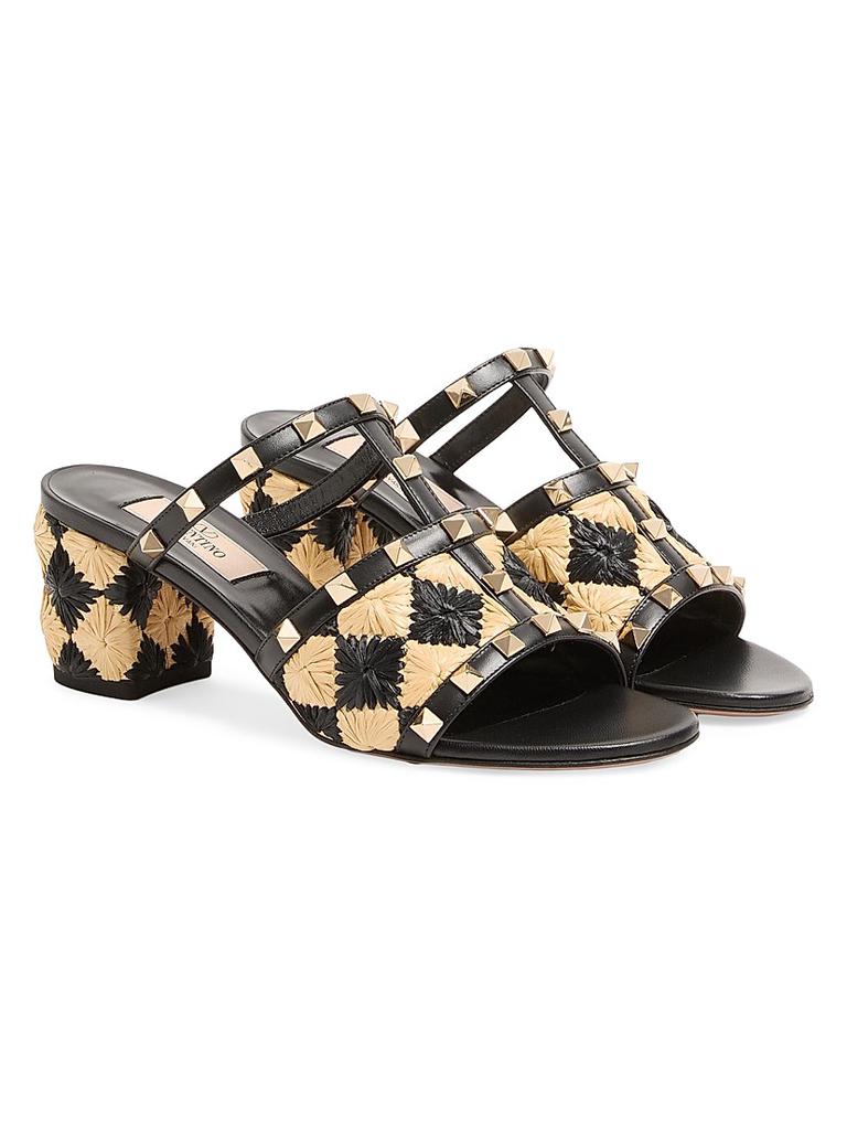 Valentino Rockstud Slide Sandals with Raffia Check Embroidery 60MM
