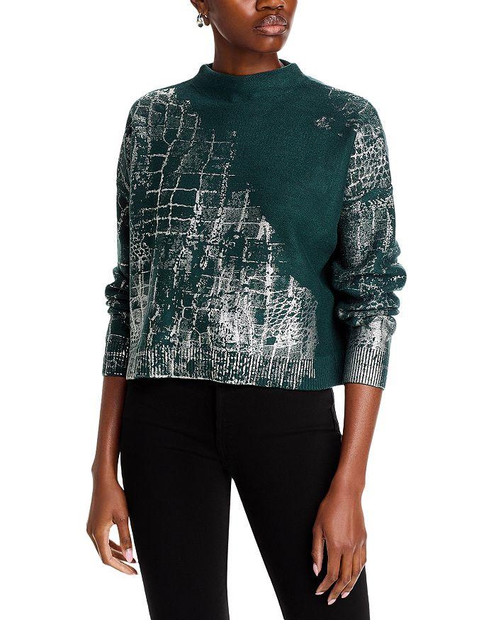 Adrienne Landau Crocodile Foil Print Funnel Neck Sweater