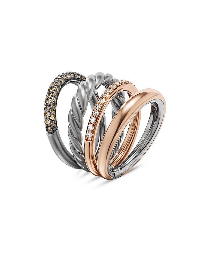 David Yurman DY Mercer Melange Multi Row Ring in Sterling Silver with 18K Rose Gold and Pavé Cognac Diamonds